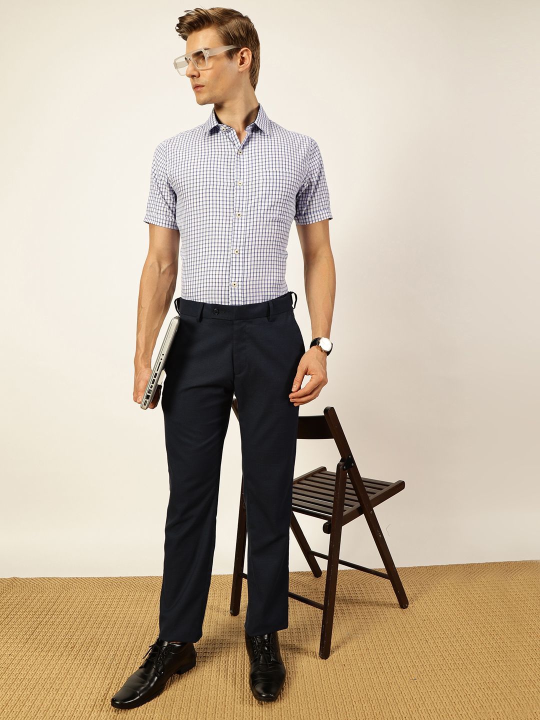 Thomas Scott Men Smart Spread Collar Gingham Checked Cotton Formal Shirt