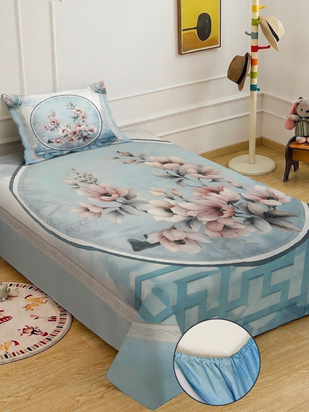 Myntra Elegant Blue Floral Printed Fitted 400 TC Single 7D Bedsheet & 1 Pillow Cover