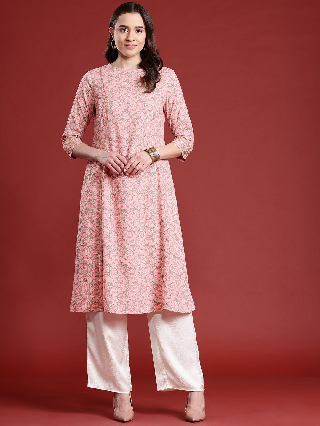 Anouk Floral Printed Back Tie-Up Embellish Detail Kurta