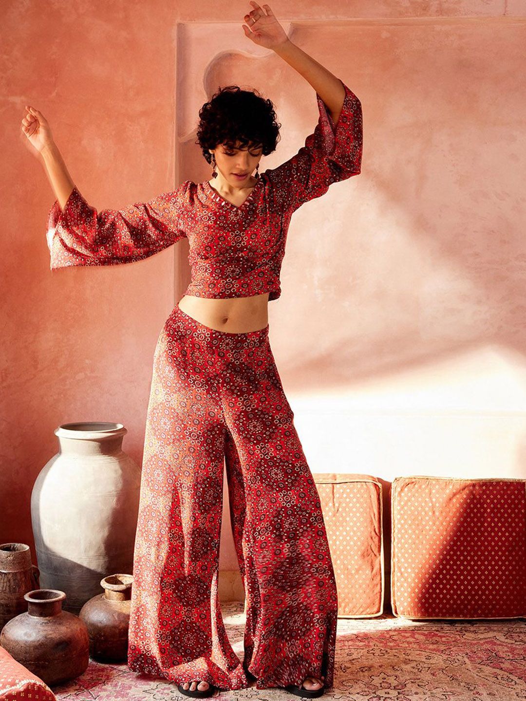 Global Desi Printed V-Neck Top With Palazzo