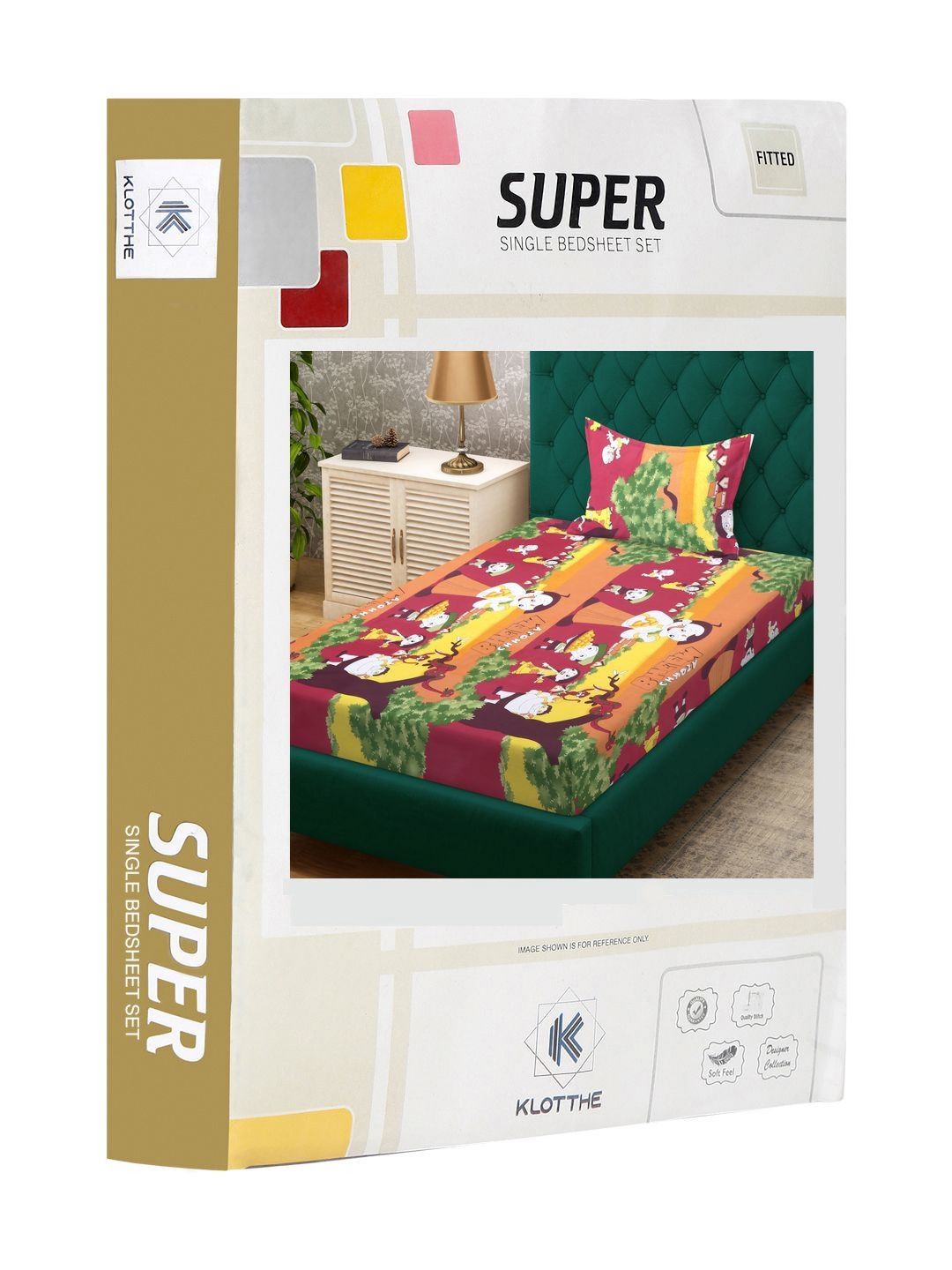 KLOTTHE Kids Yellow Printed 400 TC Cotton Fitted Single Bedsheet Set  2.2 m x 1.5 m
