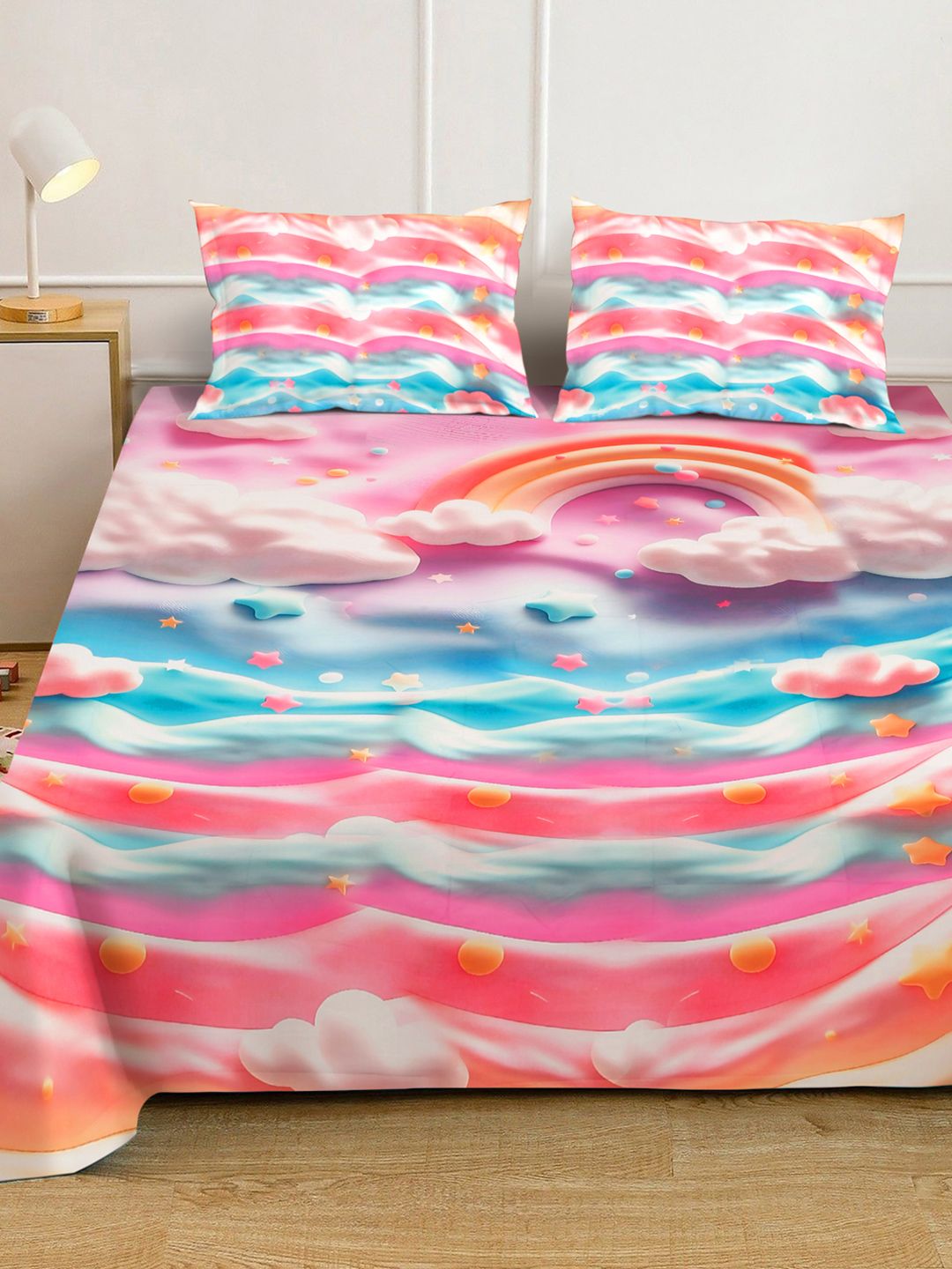 Myntra Elegant Homes Multicoloured Conversational 400 TC King Bedsheet with 2 Pillow Covers