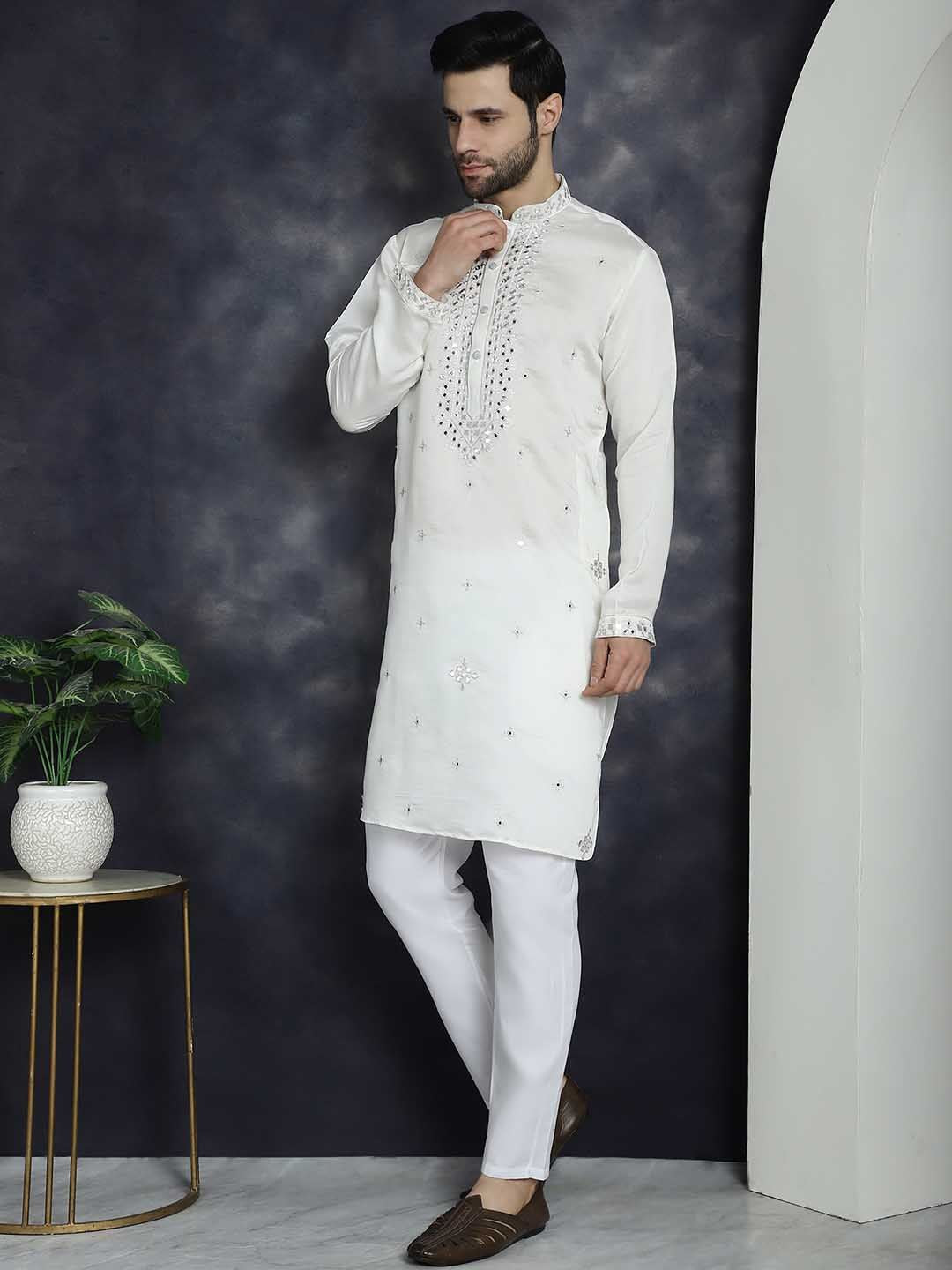 Jompers Geometric Embroidered Regular Mirror Work Kurta With Pyjamas