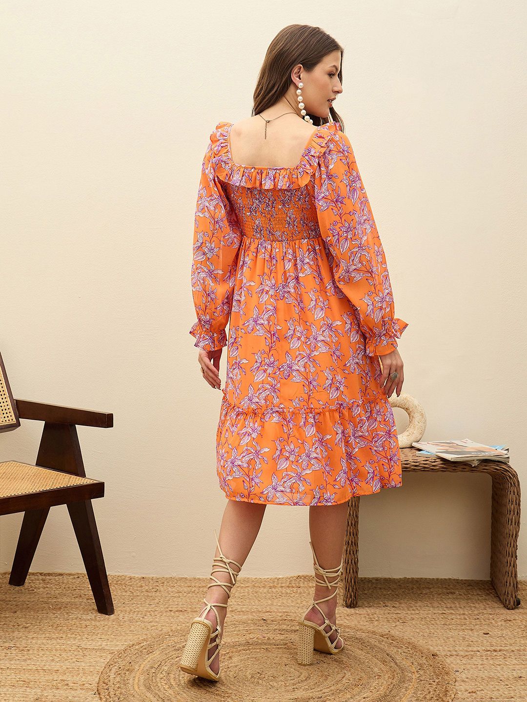 SASSAFRAS Floral Print Balloon Sleeve Georgette Fit & Flare Short Dress