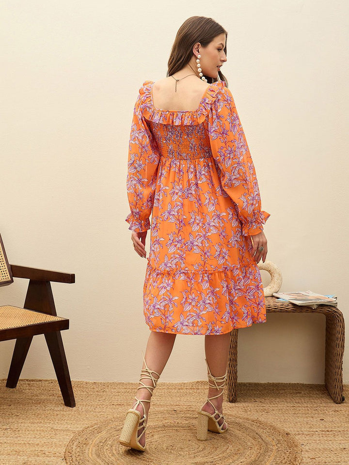 SASSAFRAS Floral Print Balloon Sleeve Georgette Fit & Flare Short Dress
