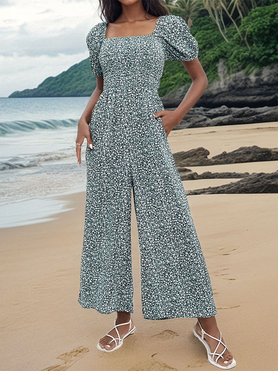 DressBerry Floral Printed Smocked Basic Jumpsuit