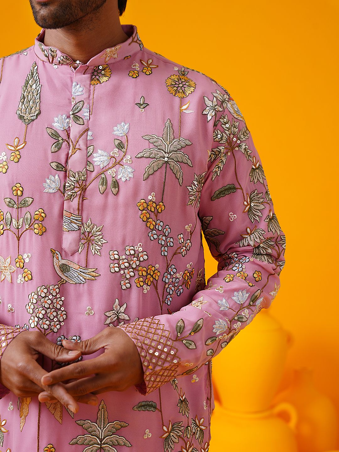 SOJANYA LUXE Floral Embroidered Mandarin Collar Georgette Straight Kurta With Trouser
