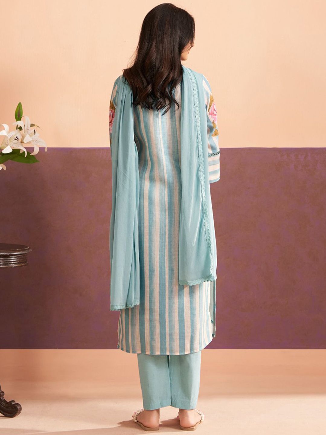 Indo Era Floral Printed V-Neck Sequinned Linen Kurta With Trouser & Dupattta