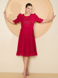 Antheaa Women Puff Sleeve Chiffon Fit & Flare Embellished Dress