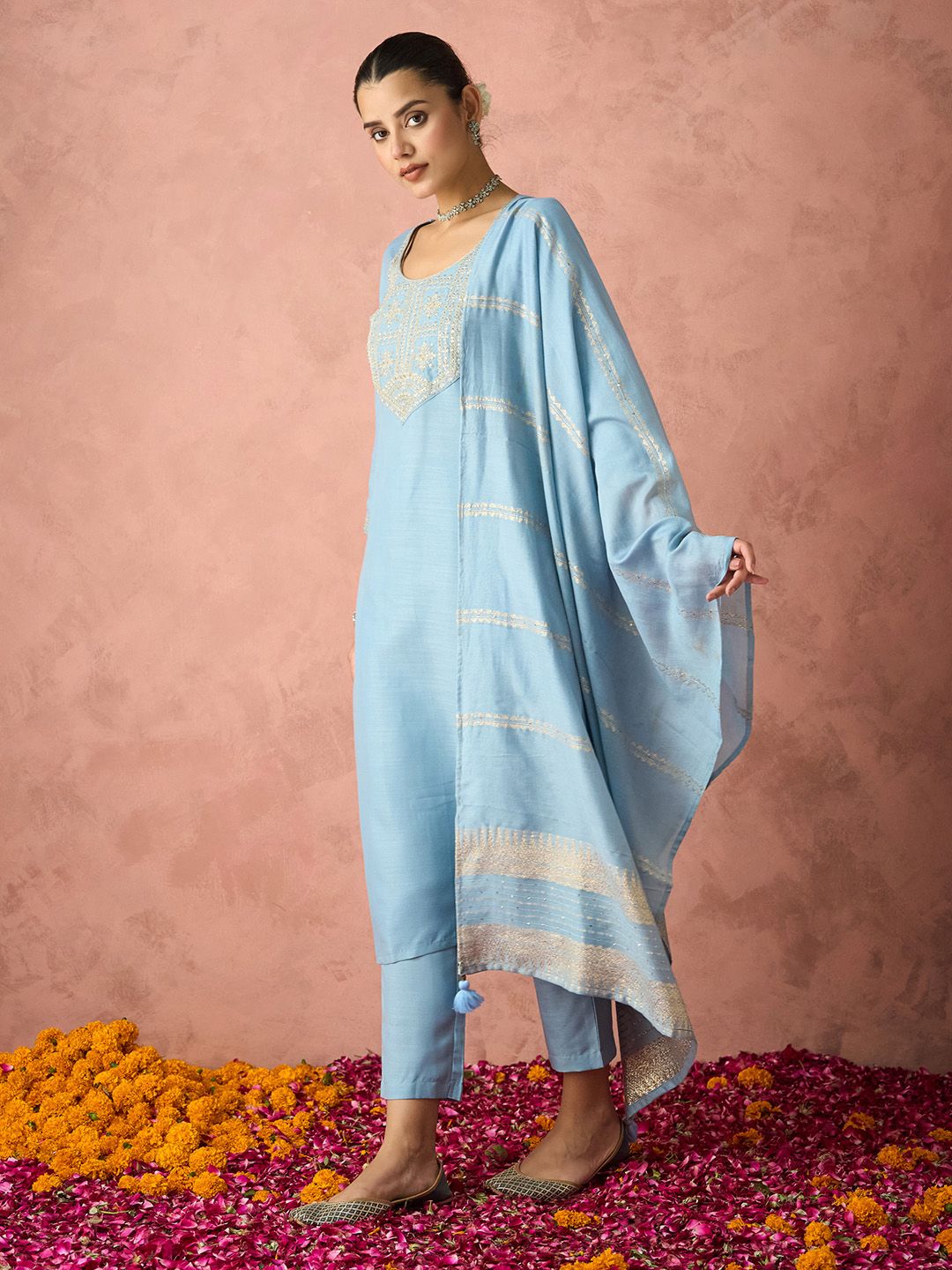 KALINI Floral Yoke Design Straight Thread Work Kurta with Trousers & Dupatta