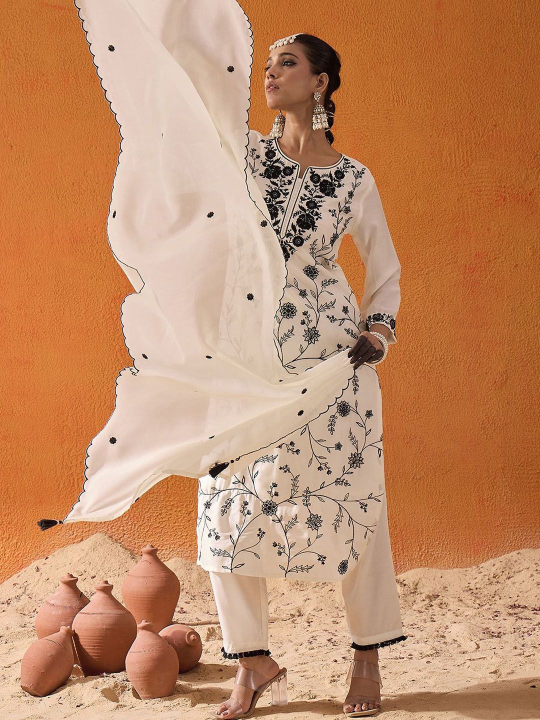 Indo Era Floral Embroidered Thread Work Straight Kurta With Trousers & Dupatta