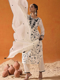 Indo Era Floral Embroidered Thread Work Straight Kurta With Trousers & Dupatta