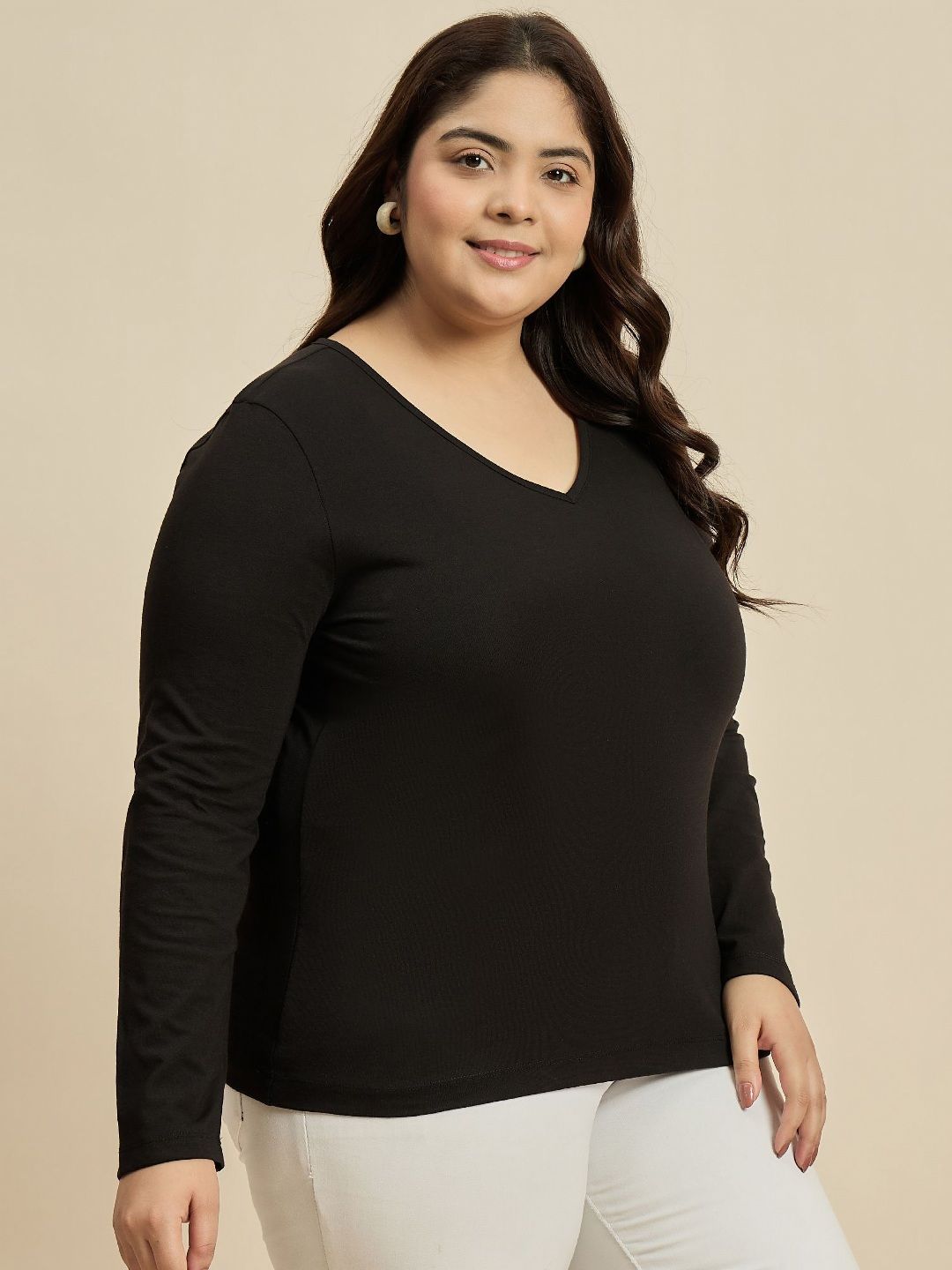 Curvy Street Women Solid V-Neck Cotton Plus T-Shirt