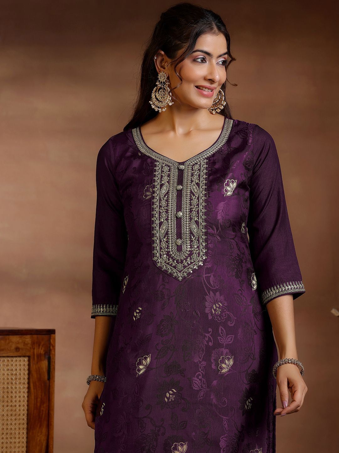 Libas Floral Printed V-Neck Thread Work Straight Kurta With Palazzos & Dupatta