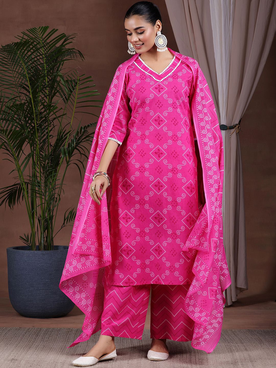 Libas Bandhani Printed Pure Cotton Kurta with Palazzos & Dupatta