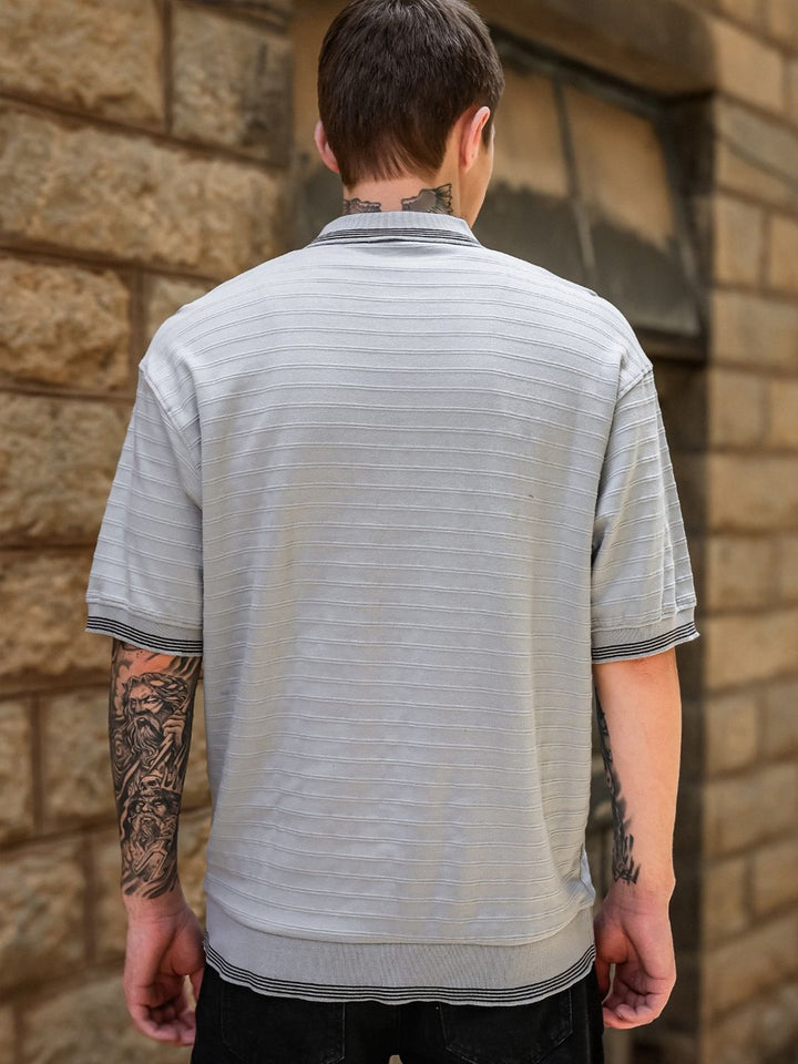 Eszett Fabric Grey Polo Shirt Self Design Textured Cotton Collar Oversized Fit T-shirt