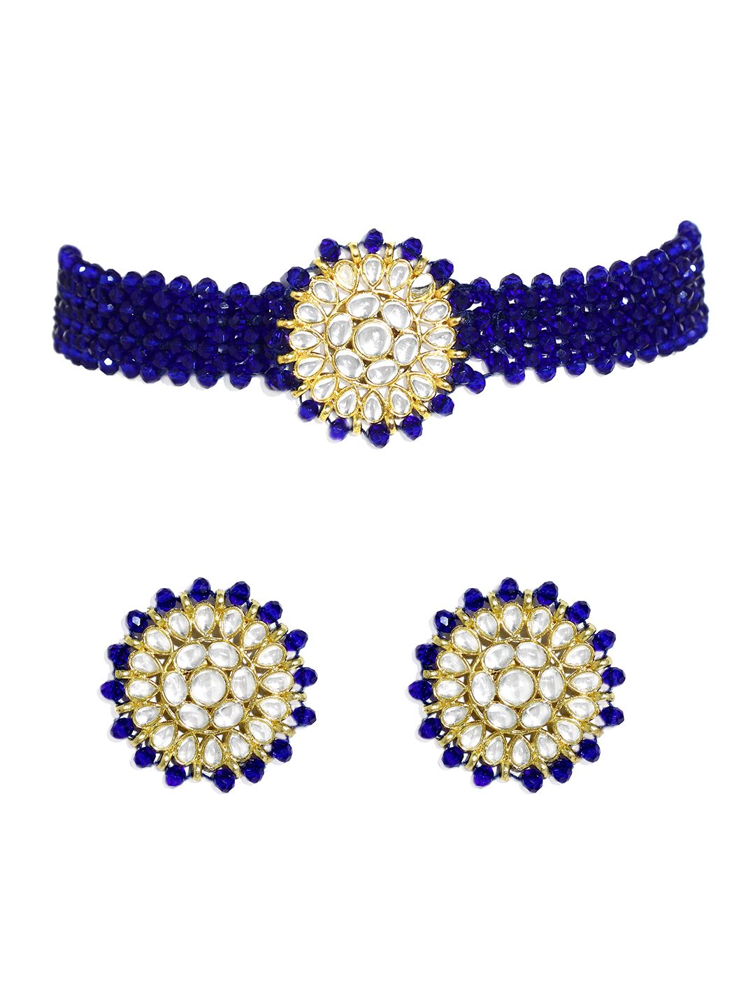 KARATCART Gold-Plated White Crystal & Kundan-Studded & Blue Beaded Handcrafted Jewellery Set