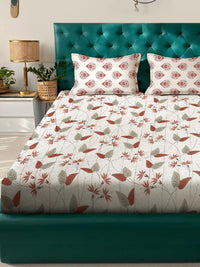KLOTTHE Beige And Red Floral Printed Cotton 400 TC Double Bedsheet Set 2.50 m x 2.20 m