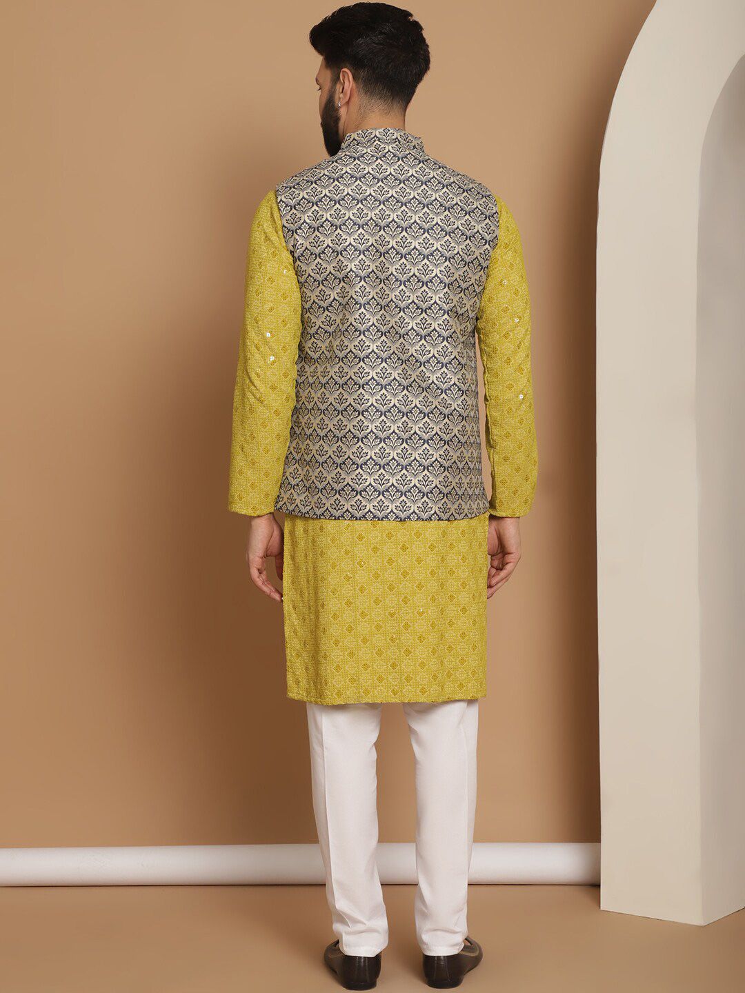 Anouk Green Woven Design Embroidered Regular Mandarin Collar Straight Kurta & Churidar