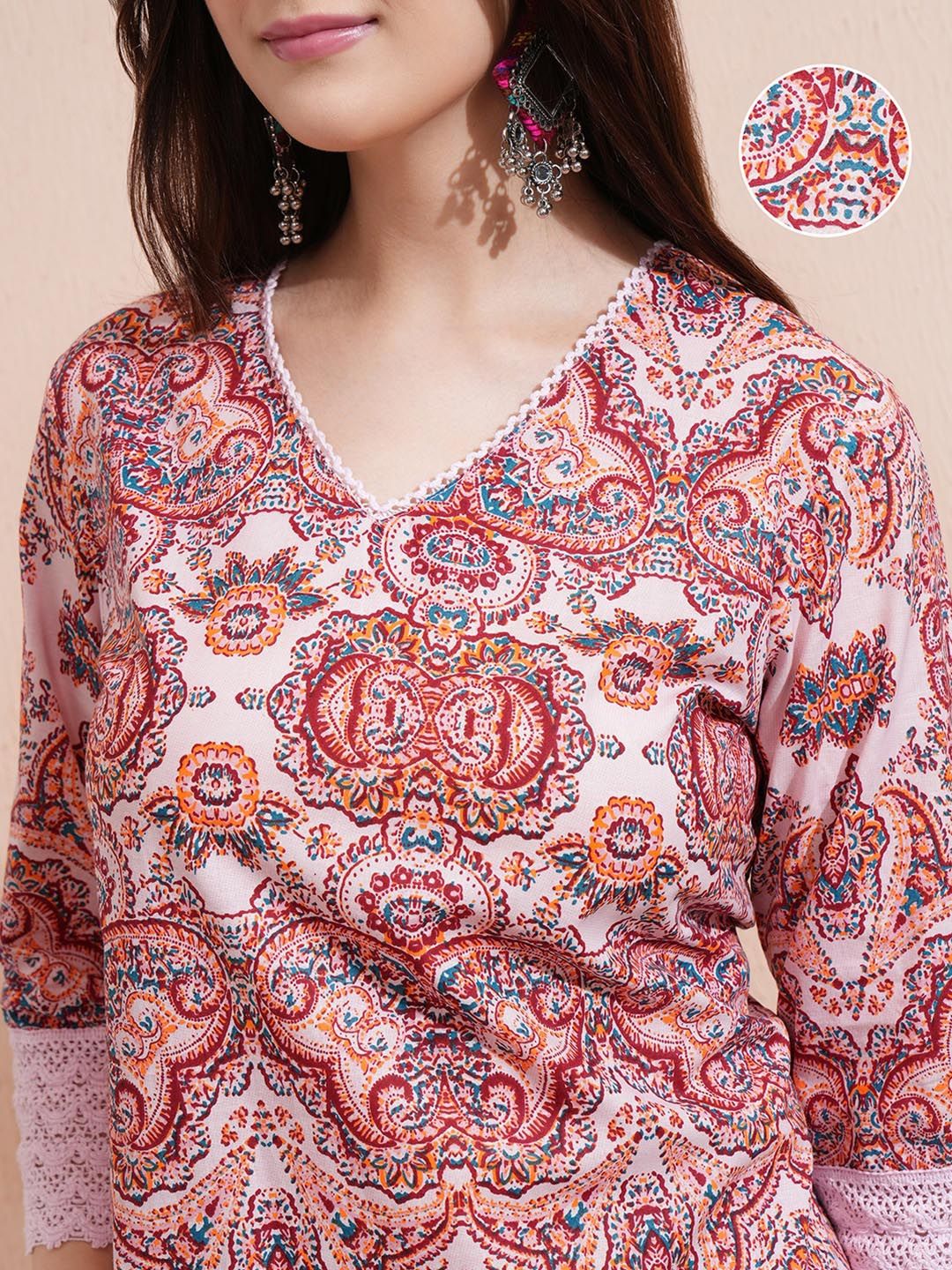 Vishudh Pink Printed V-Neck Three-Quarter Sleeves Pure Cotton Top With Trouser