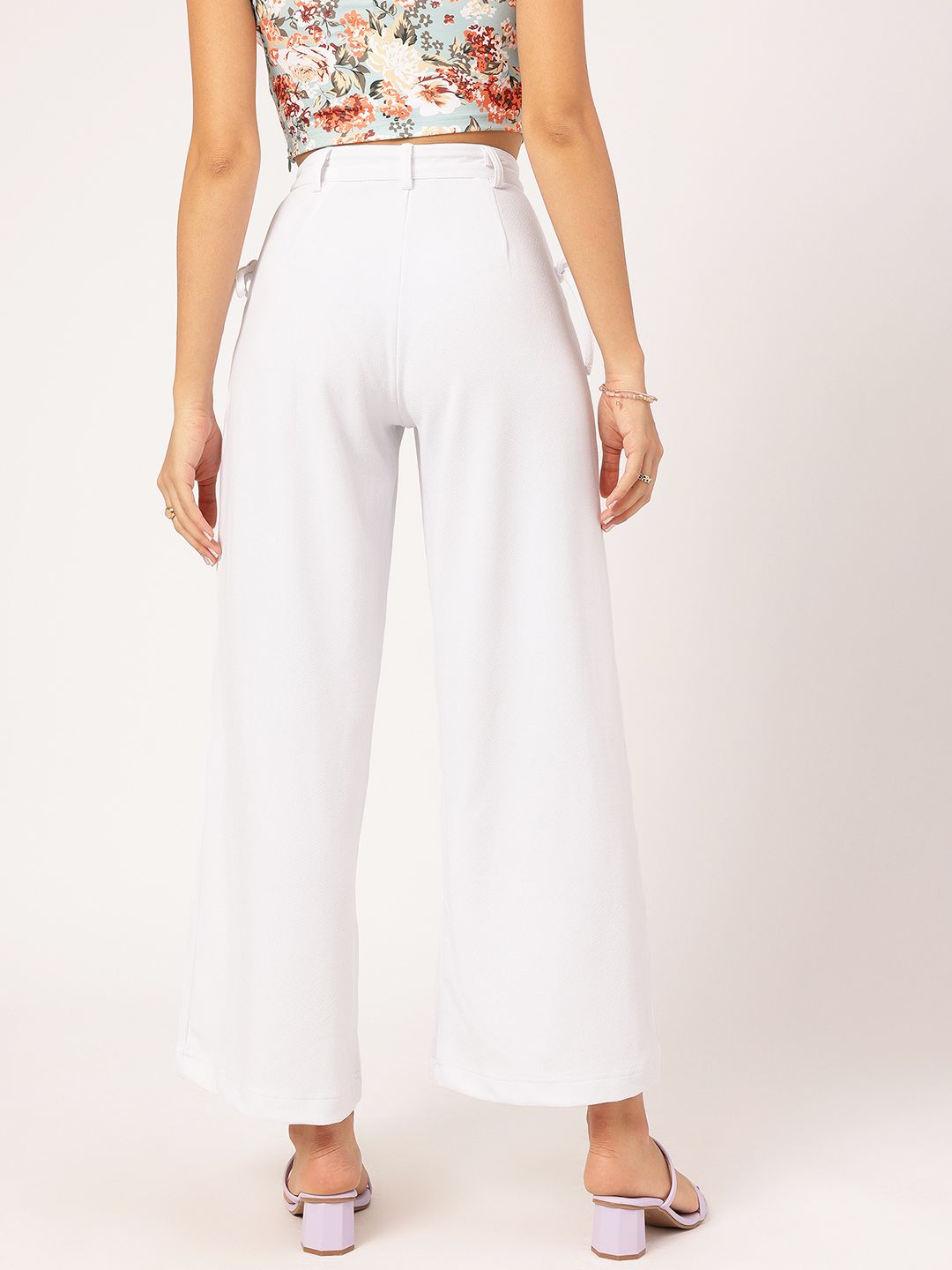 DressBerry Women Pleated Perfection Textured Bow Detail Flared Trousers