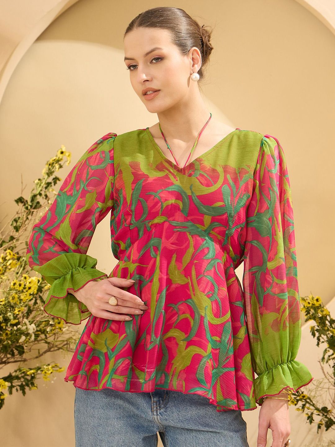 Antheaa Women Printed Puff Sleeves Empire Top