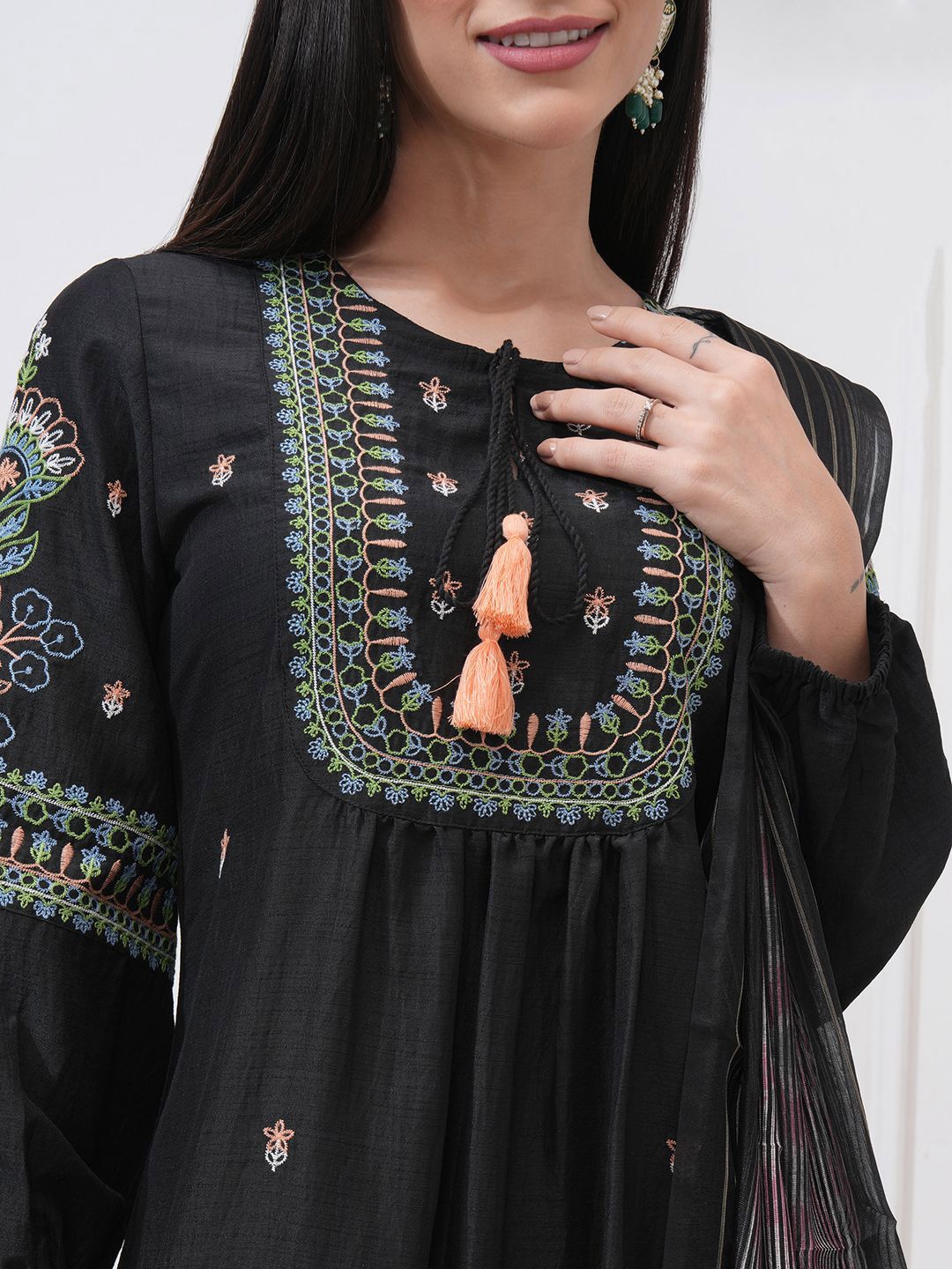 Vishudh Floral Embroidered Tie-Up Neck A-Line Kurta With Trousers & Dupatta
