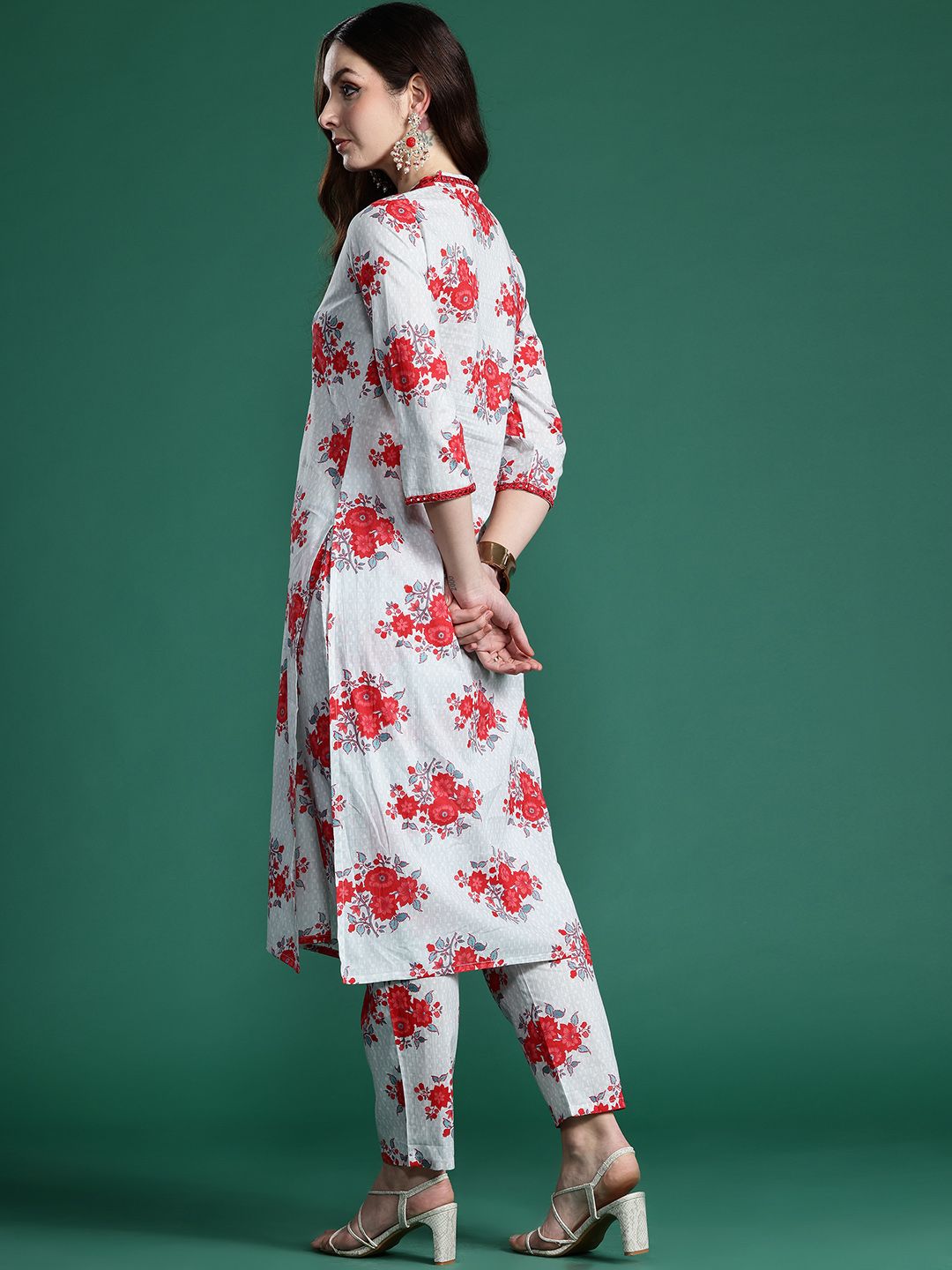 Indo Era Floral Printed Mirror Work Pure Cotton Kurta with Trousers