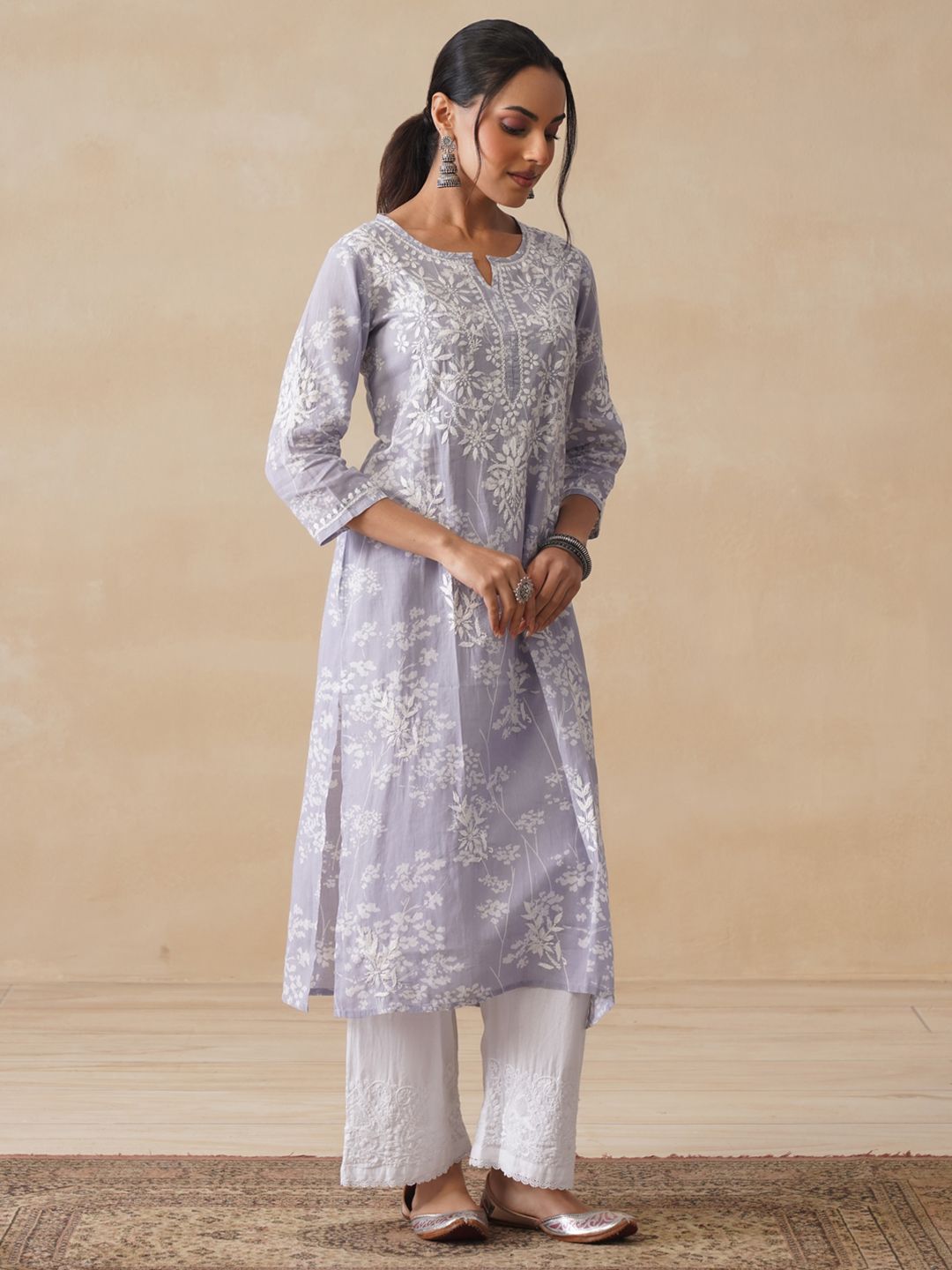 House of Chikankari Women Grey Mulmul Chikankari Embroidered Kurta