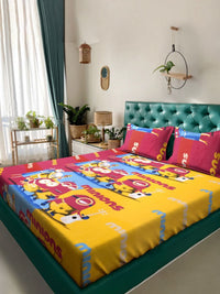 KLOTTHE Kartun Kuning & Merah Bercetak Flat 400 TC Kapas Katil King Dengan 2 Sarung Bantal