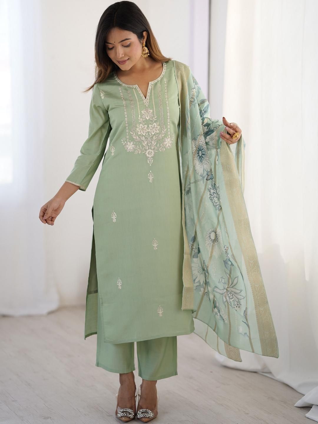 KALINI Women Floral Embroidered Regular Thread Work Kurta with Trousers & With Dupatta