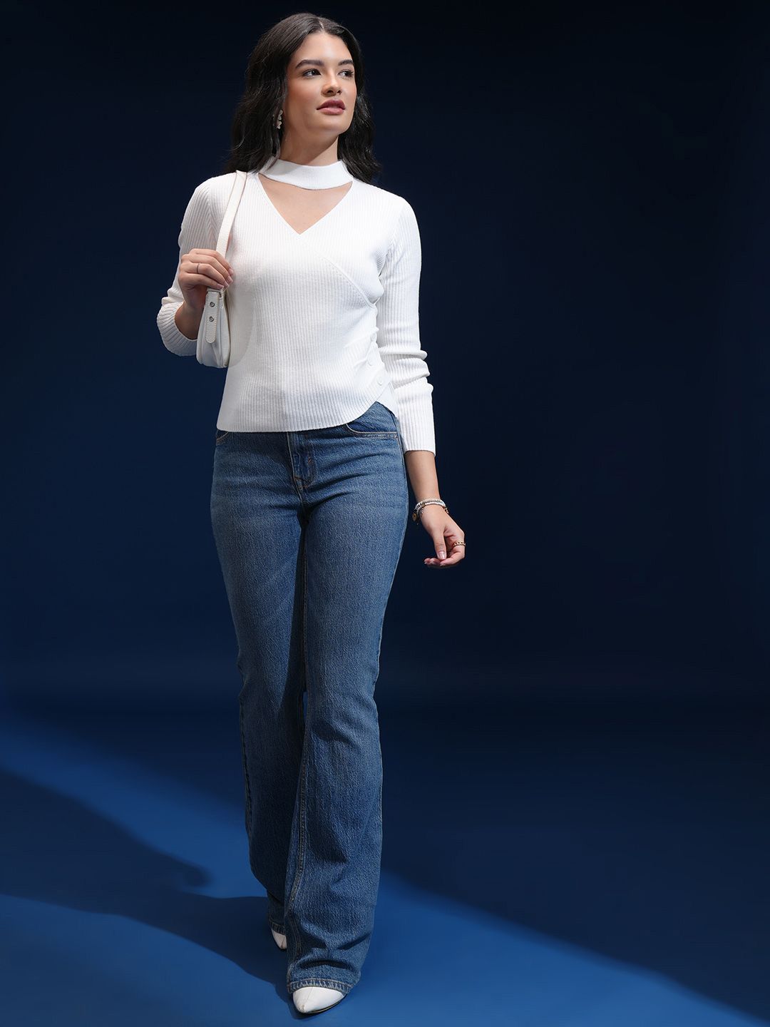Tokyo Talkies Women Ribbed Choker Neck Pullover