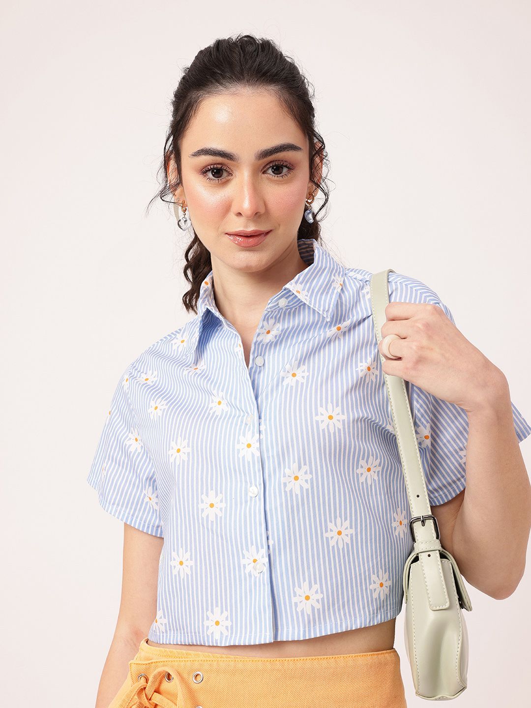 DressBerry Edgy Holiday Spirit Striped & Floral Printed Boxy Fit Crop Shirt