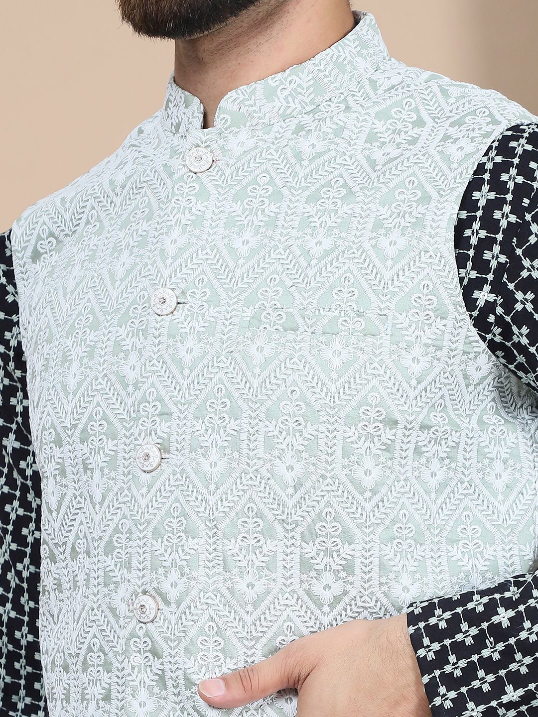 Anouk Green Ethnic Motifs Embroidered Straight Thread Work Pure Cotton Kurta with Churidar