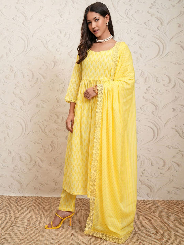 Vishudh yellow Ethnic Motifs Printed Anarkali Gathered Kurta With Trousers & Dupatta