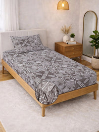 KLOTTHE Brown & White Geometric Fitted 300 TC Single Bedsheet with 1 Pillow Cover