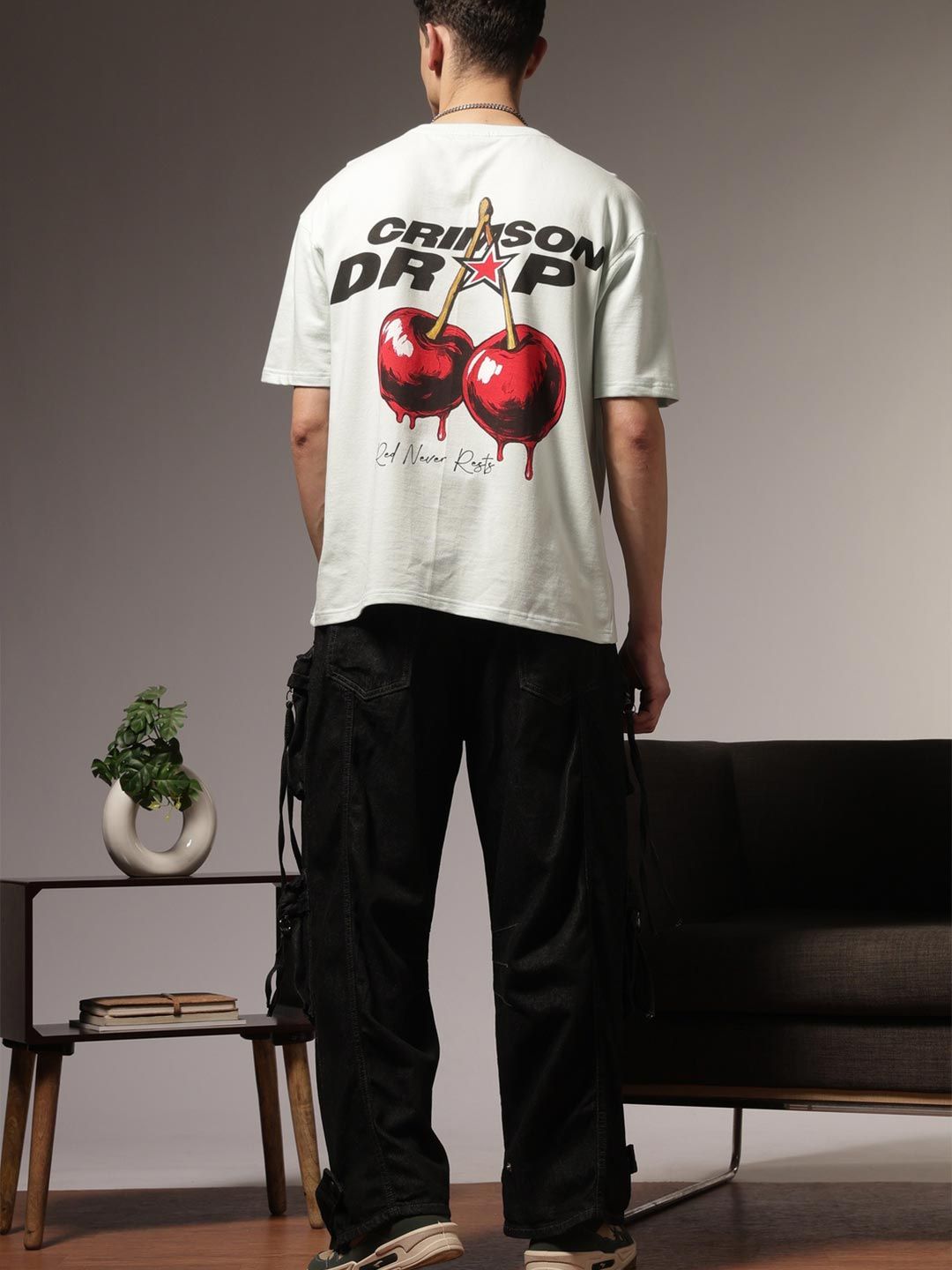Eszett Crimson Drip Graphic Cotton Round Neck Short Sleeves Oversized T-shirt
