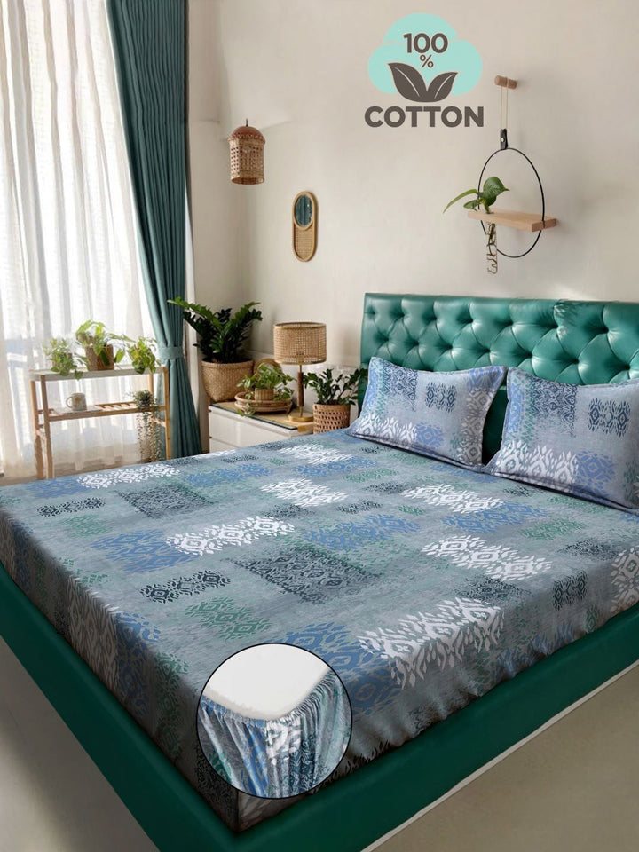 Myntra Elegant Homes Grey & Blue Ethnic Motifs 400 TC King Bedsheet with 2 Pillow Covers