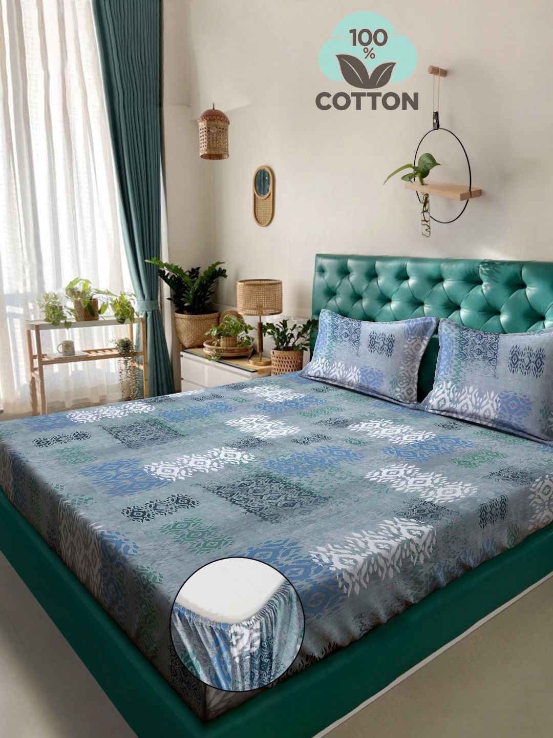 Myntra Elegant Homes Grey & Blue Ethnic Motifs 400 TC King Bedsheet with 2 Pillow Covers