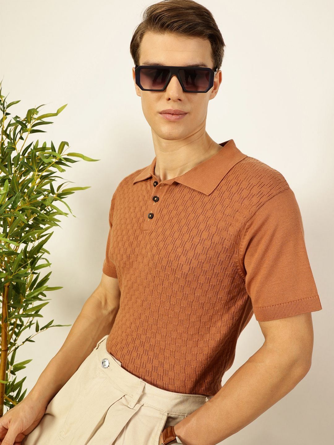 Thomas Scott Men Bio Finish Self Design Polo Collar Cotton T-shirt