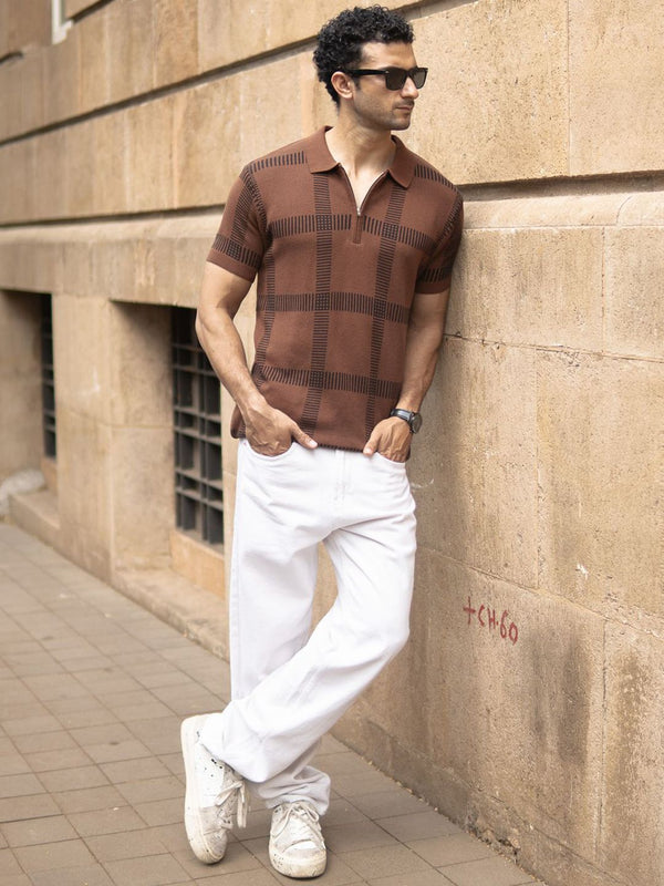 Powerlook Men Checked Knitted Polo Collar T-shirt
