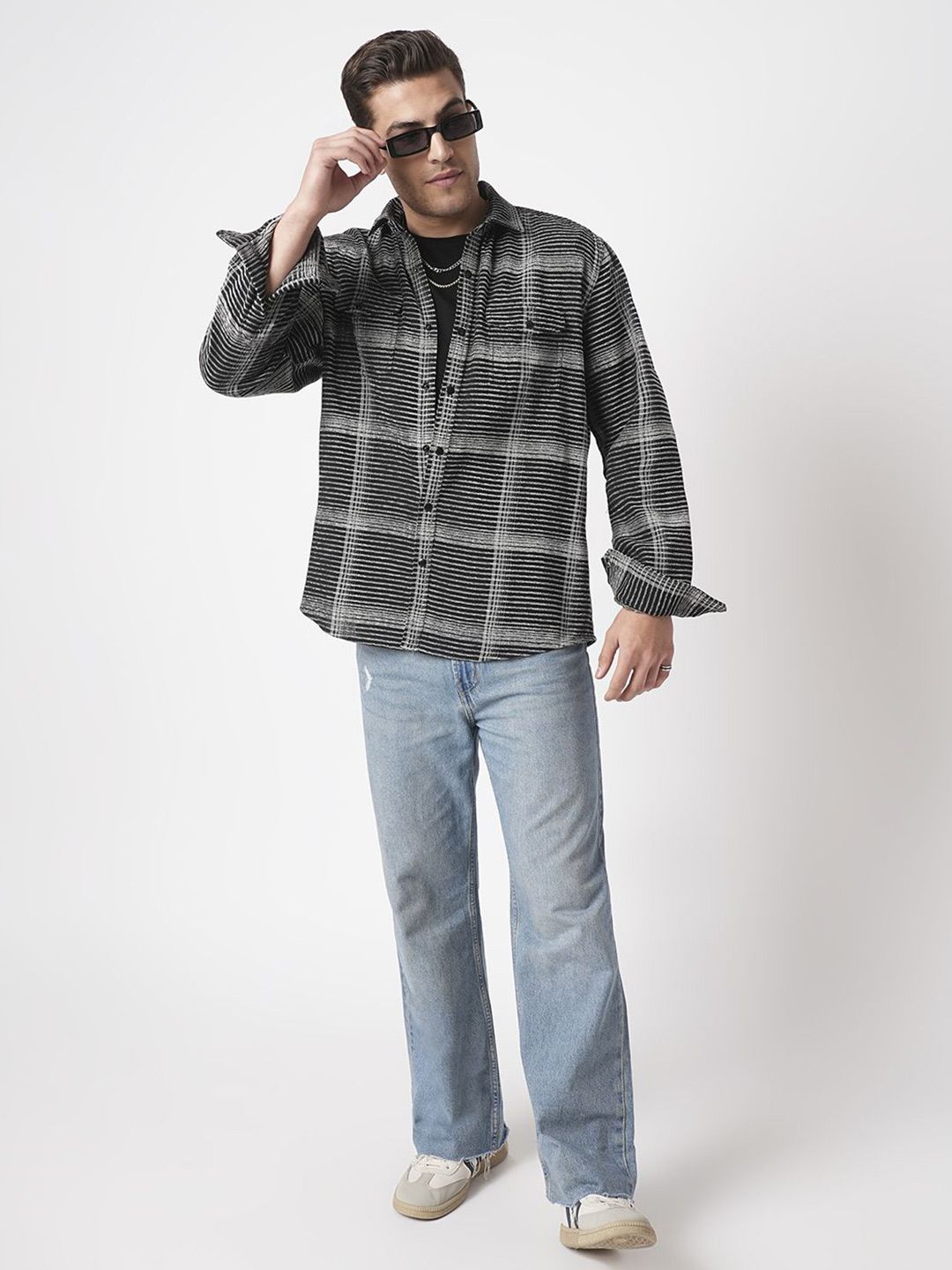 VASTRADO Men Black & White Checked Double Flap Pocket Textured Overshirt