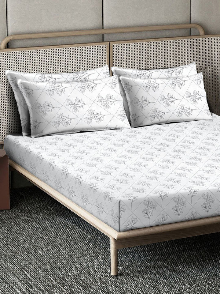 Myntra Elegant Homes White & Grey Floral 400 TC Bedsheet with 2 Pillow Covers