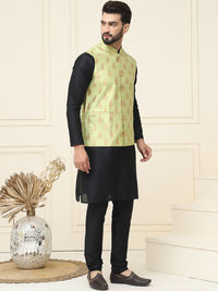 SOJANYA Mandarin Collar Silk Cotton Straight Kurta with Churidar & Nehru jacket