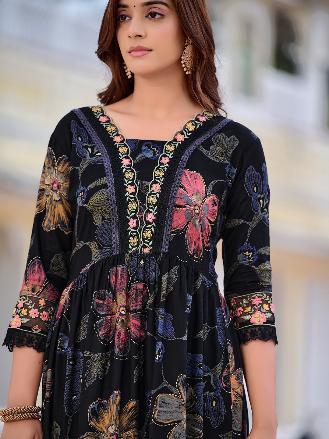 KALINI Floral Printed V-Neck Thread Work Anarkali Kurta With Trousers & Dupatta