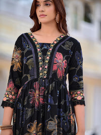 KALINI Floral Printed V-Neck Thread Work Anarkali Kurta With Trousers & Dupatta