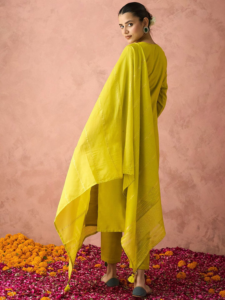 KALINI Ethnic Motifs Embroidered Sequinned Straight Kurta With Trouser & Dupatta