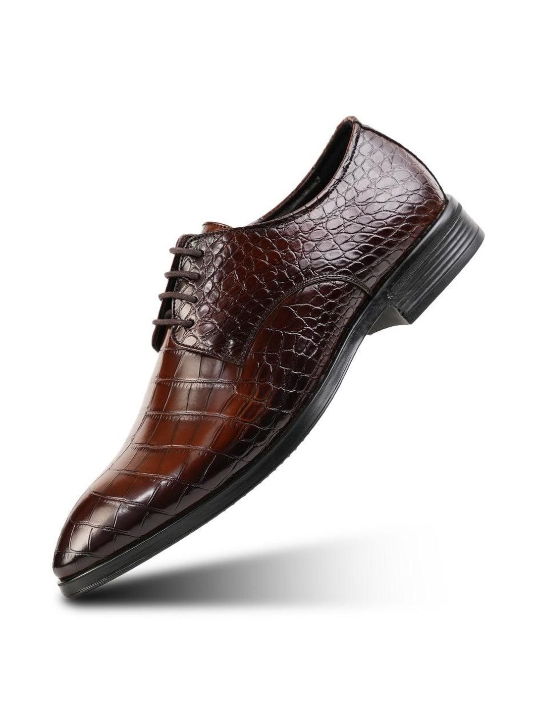Monkstory Glossy Croc-Effect Lace-Up Oxfords - Coklat Burnish