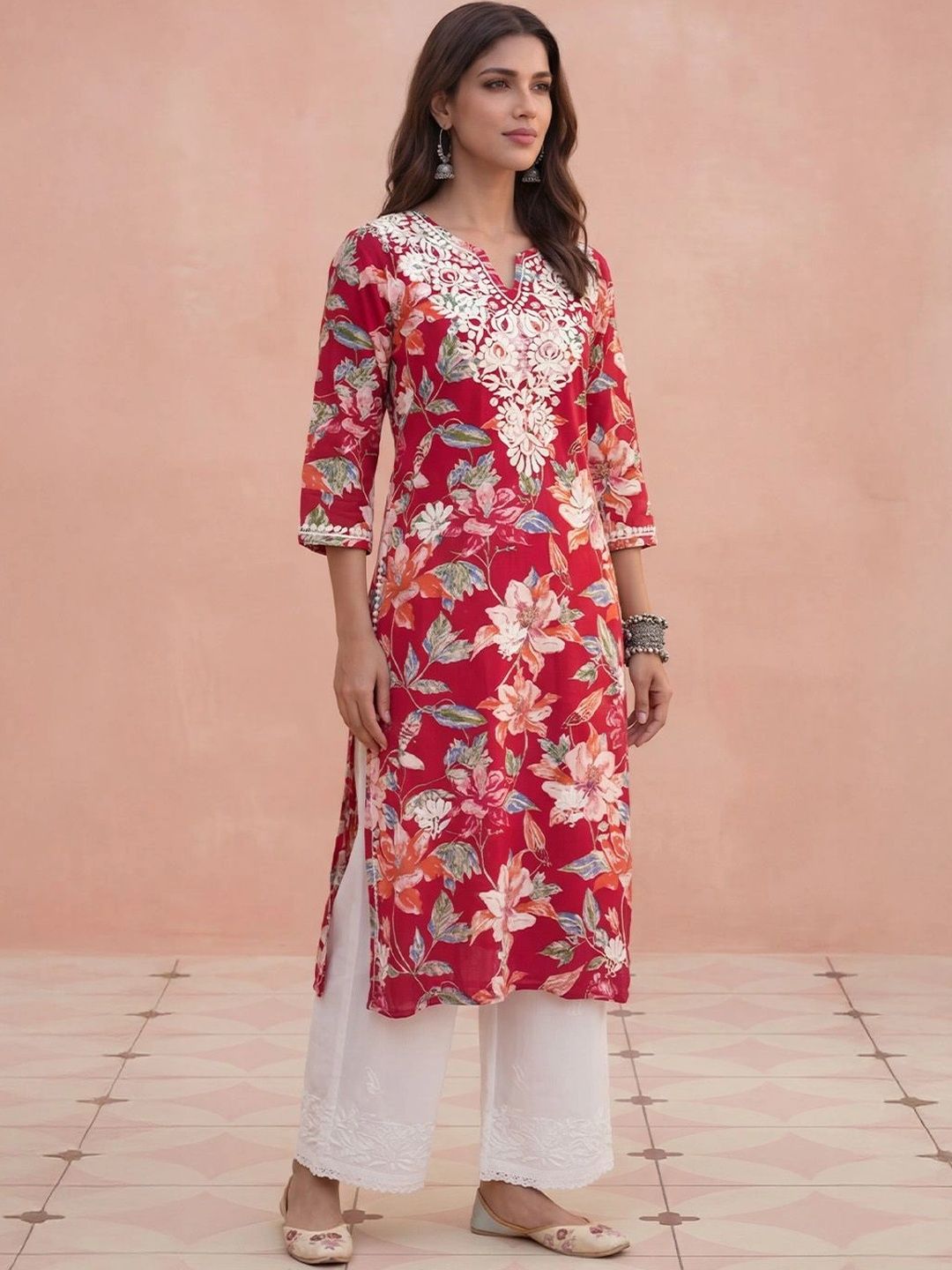 Rumah Wanita Chikankari Floral Printed Chikankari Floral Kurta