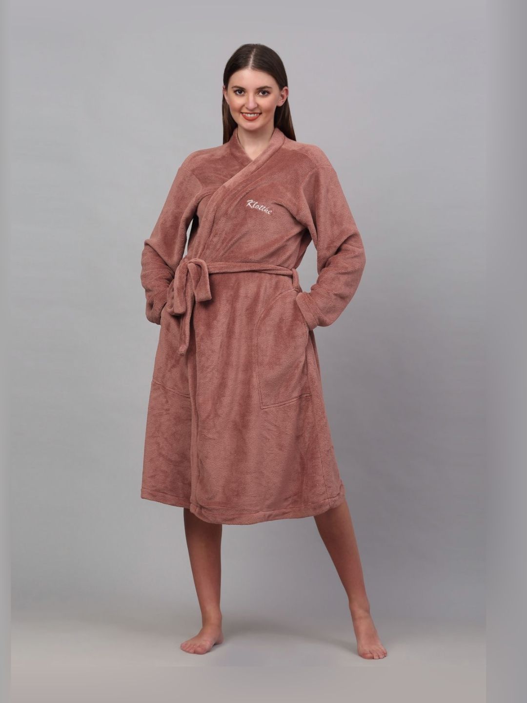 KLOTTHE Rust Woollen Long Sleeves Bath Robe With Belt